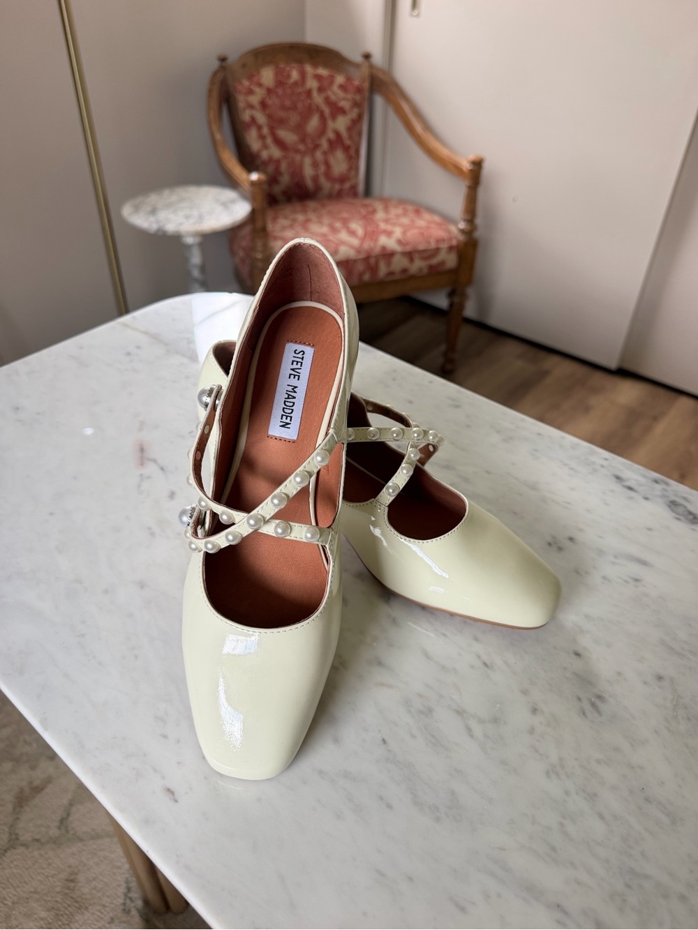 Steve Madden Cream Patent Pearl-Strap Mary Jane Heels